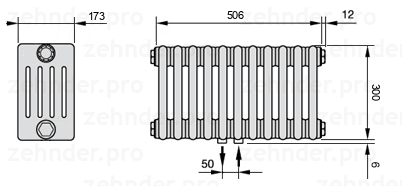 Схема (чертеж) Радиатор Zehnder Charleston 5030/11 №5410 Белый глянцевый RAL 9016